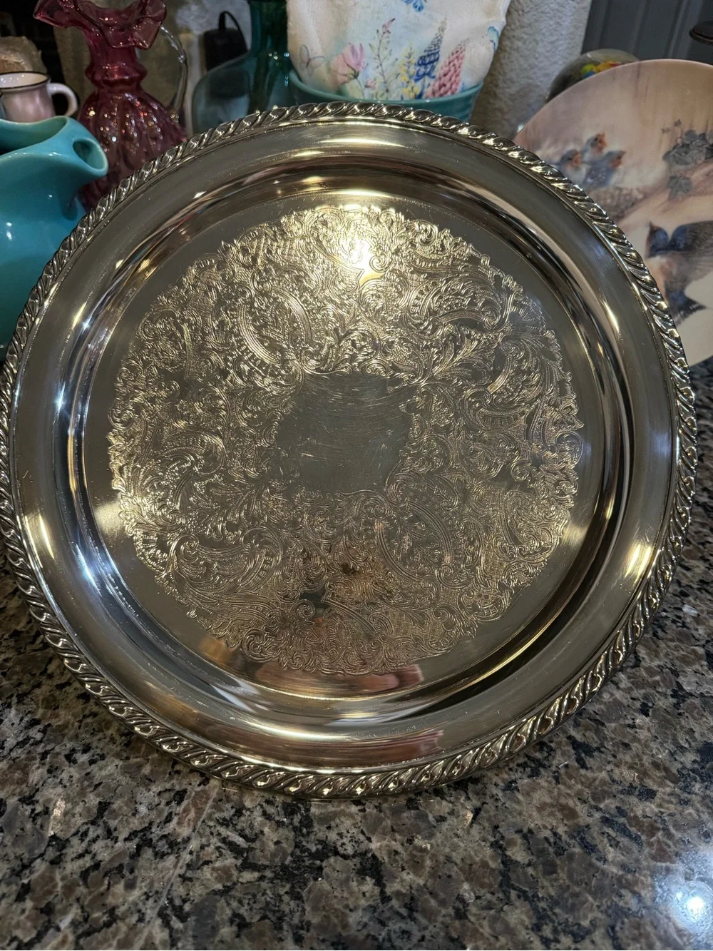 Vintage Oneida Silver Plate Round Serving Tray 12.25” Diameter Ornate
